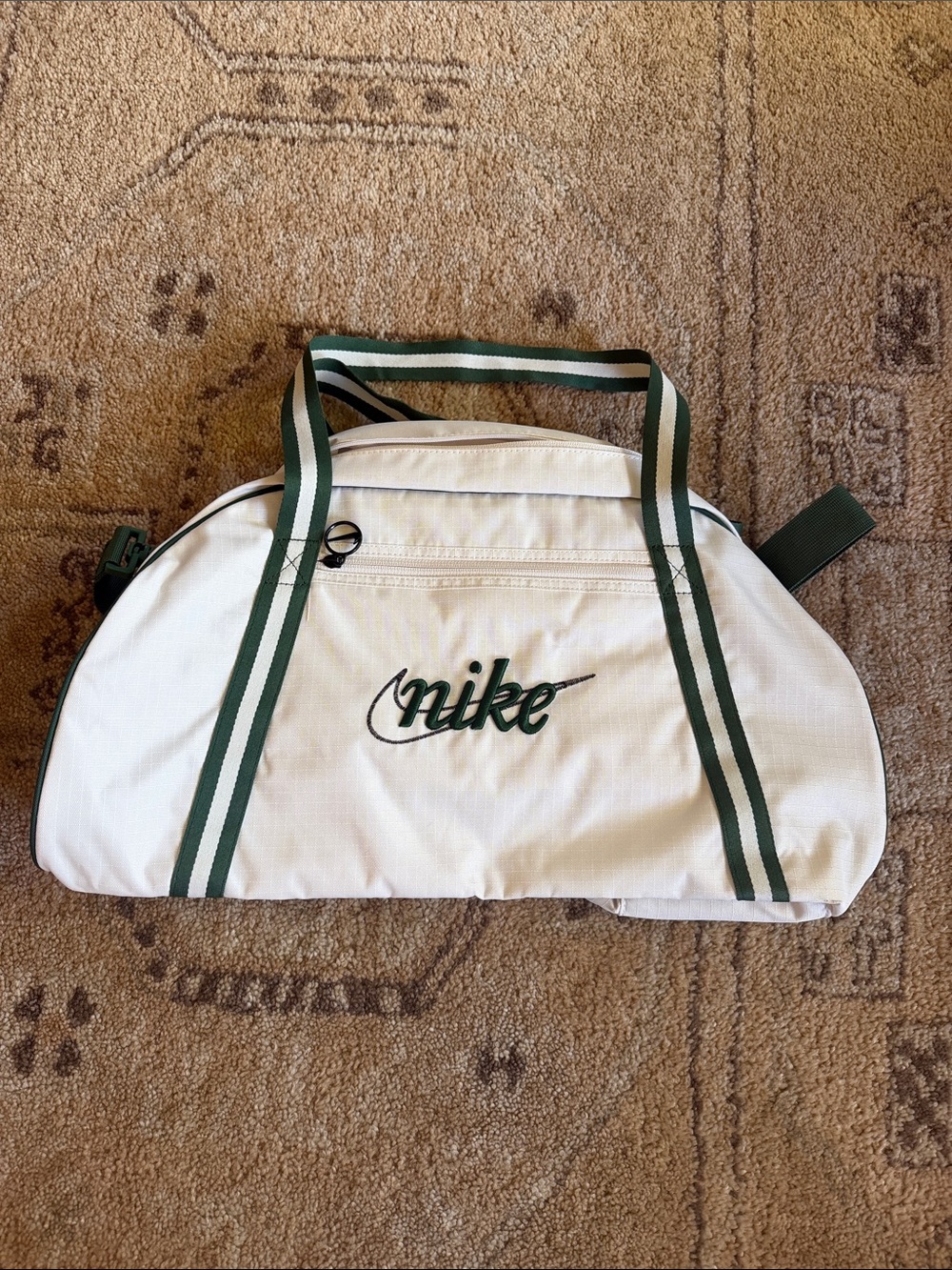 Nike White and Green Striped Duffel Bag